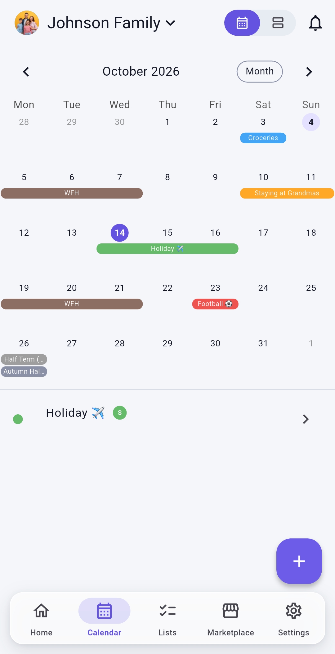 Huddle's shared family calendar on a phone
